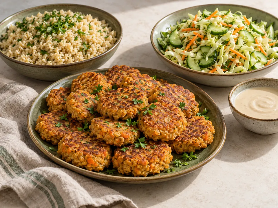 המחשה של קציצות עדשים וגזר עם בורגול, קציצות אפויות, סלט כרוב וטחינה לימונית