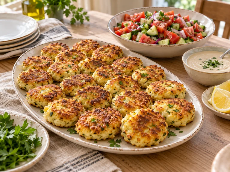 המחשה של לביבות תפוחי אדמה וגבינות בתנור, עם סלט ירקות וטחינה לימונית